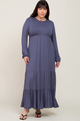 Blue Long Sleeve Tiered Plus Maxi Dress