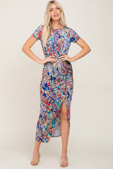 Royal Blue Multi-Color Floral Side Slit Maxi Dress