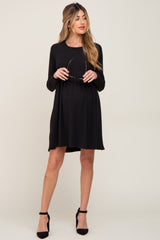 Black Ribbed Basic Long Sleeve Maternity Dress