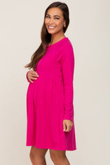 Fuchsia Ribbed Basic Long Sleeve Maternity Dress