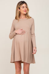 Taupe Ribbed Basic Long Sleeve Maternity Dress