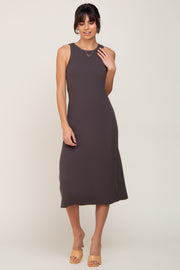 Charcoal Ribbed Sleeveless A-Line Midi Dress