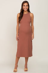 Rust Ribbed Sleeveless A-Line Maternity Midi Dress