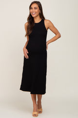 Black Ribbed Sleeveless A-Line Maternity Midi Dress