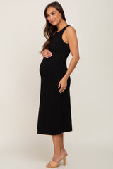 Black Ribbed Sleeveless A-Line Maternity Midi Dress