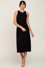 Black Ribbed Sleeveless A-Line Maternity Midi Dress