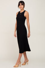 Black Ribbed Sleeveless A-Line Midi Dress