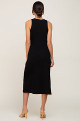 Black Ribbed Sleeveless A-Line Midi Dress