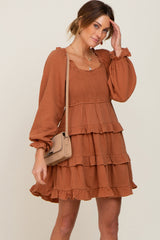 Camel Smocked Ruffle Tiered Long Sleeve Maternity Dress