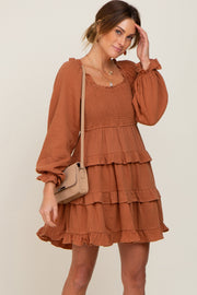 Camel Smocked Ruffle Tiered Long Sleeve Dress