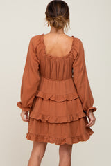 Camel Smocked Ruffle Tiered Long Sleeve Dress