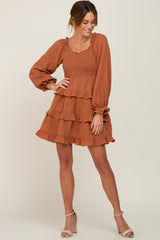 Camel Smocked Ruffle Tiered Long Sleeve Dress