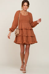 Camel Smocked Ruffle Tiered Long Sleeve Dress