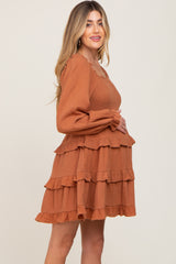 Camel Smocked Ruffle Tiered Long Sleeve Maternity Dress