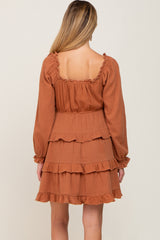 Camel Smocked Ruffle Tiered Long Sleeve Maternity Dress