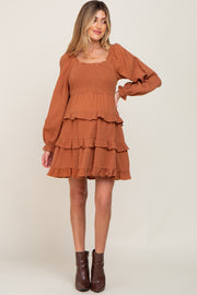 Camel Smocked Ruffle Tiered Long Sleeve Maternity Dress