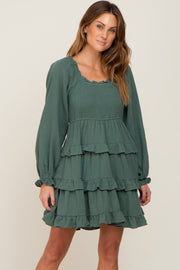 Green Smocked Ruffle Tiered Long Sleeve Dress