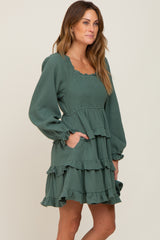 Green Smocked Ruffle Tiered Long Sleeve Dress