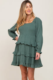 Green Smocked Ruffle Tiered Long Sleeve Maternity Dress