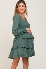 Green Smocked Ruffle Tiered Long Sleeve Maternity Dress