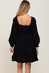 Black Smocked Ruffle Tiered Long Sleeve Maternity Dress