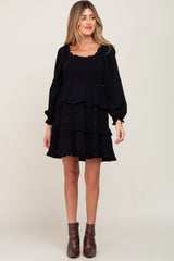 Black Smocked Ruffle Tiered Long Sleeve Maternity Dress