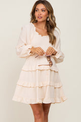 Ivory Smocked Ruffle Tiered Long Sleeve Maternity Dress