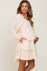 Ivory Smocked Ruffle Tiered Long Sleeve Maternity Dress