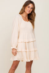 Ivory Smocked Ruffle Tiered Long Sleeve Dress