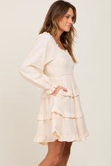 Ivory Smocked Ruffle Tiered Long Sleeve Dress