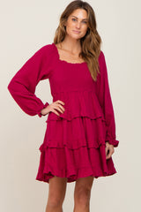 Magenta Smocked Ruffle Tiered Long Sleeve Dress