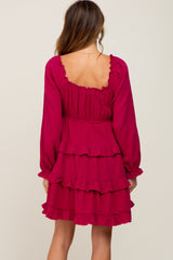 Magenta Smocked Ruffle Tiered Long Sleeve Dress