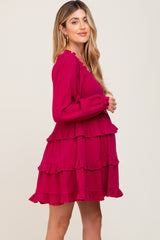 Magenta Smocked Ruffle Tiered Long Sleeve Maternity Dress