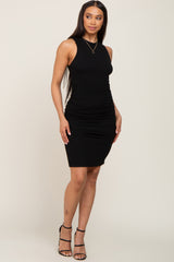 Black Ribbed Ruched Fitted Dress