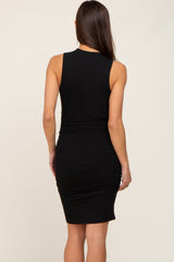 Black Ribbed Ruched Maternity Fitted Dress