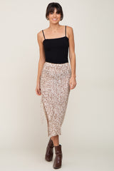 Taupe Leopard Print Drawstring Front Midi Skirt