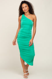 Green One Shoulder Ruched Midi Dress