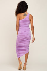 Lavender One Shoulder Ruched Midi Dress