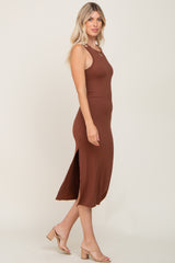 Brown Ribbed Cutout Shoulder Side Slit Midi Dress