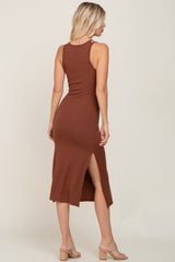 Brown Ribbed Cutout Shoulder Side Slit Midi Dress