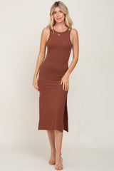 Brown Ribbed Cutout Shoulder Side Slit Midi Dress