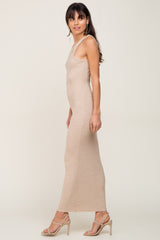 Beige Ribbed Racerfront Open Back Maxi Dress