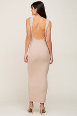 Beige Ribbed Racerfront Open Back Maxi Dress