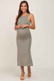 Light Olive Ribbed Cutout Shoulder Side Slit Maternity Midi Dress