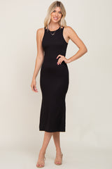 Black Ribbed Cutout Shoulder Side Slit Midi Dress