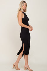 Black Ribbed Cutout Shoulder Side Slit Midi Dress