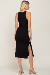 Black Ribbed Cutout Shoulder Side Slit Midi Dress