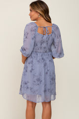 Blue Floral 3/4 Sleeve Chiffon Maternity Dress