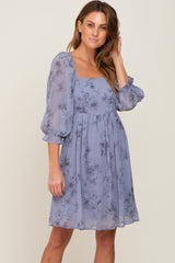 Blue Floral 3/4 Sleeve Chiffon Maternity Dress