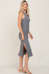 Grey Ribbed Cutout Shoulder Side Slit Midi Dress